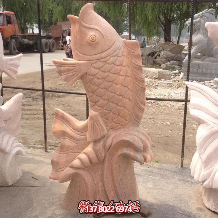 红色晚霞，浪漫水景——精美石雕喷泉鲤鱼