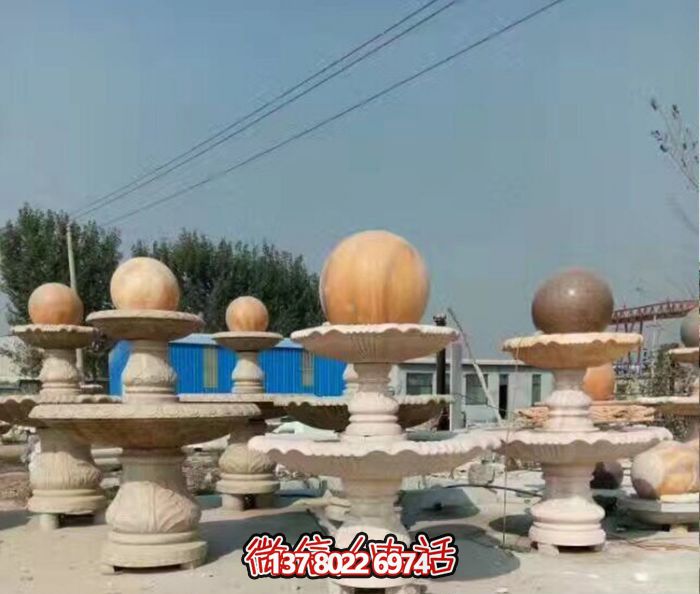 精美多层风水球喷泉石雕晚霞红艺术装置 精美多层风水球喷泉石雕晚霞红艺术装置