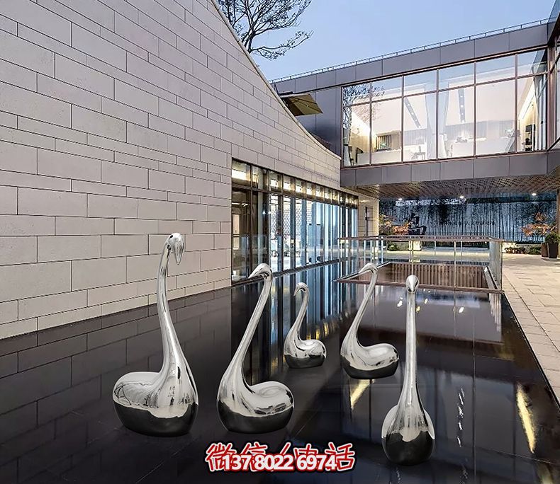 不锈钢创意天鹅雕塑，镜面水中装饰别墅