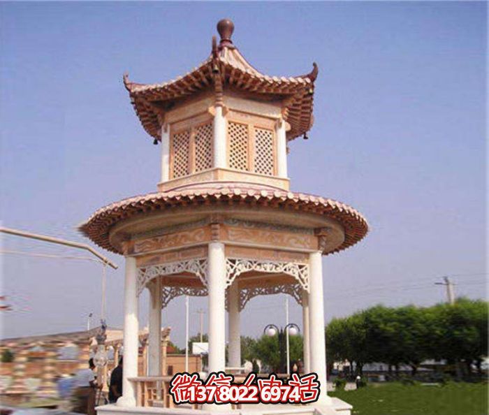 镂空雕刻凉亭，休闲享受晚霞红