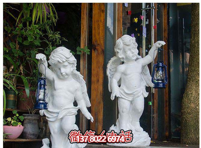 精美灵动的汉白玉提灯小天使石雕
