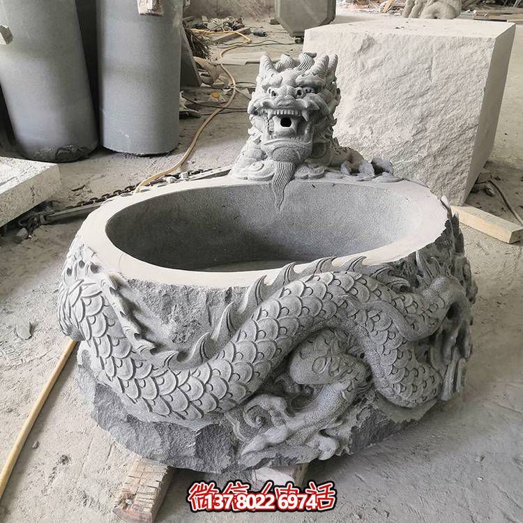仿古石缸水缸青石龙形浮雕雕塑，为您的庭院增添一抹古朴