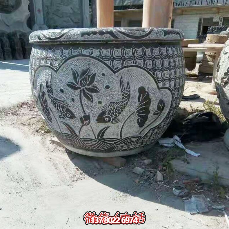 青石双鱼莲花雕塑，养花缸精美装饰