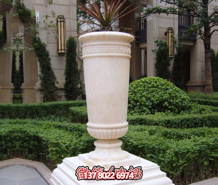 公园汉白玉石雕圆形花盆雕塑