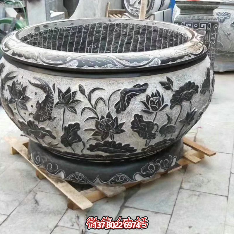 青石石雕浮雕莲花鲤鱼庭院摆件花盆雕塑