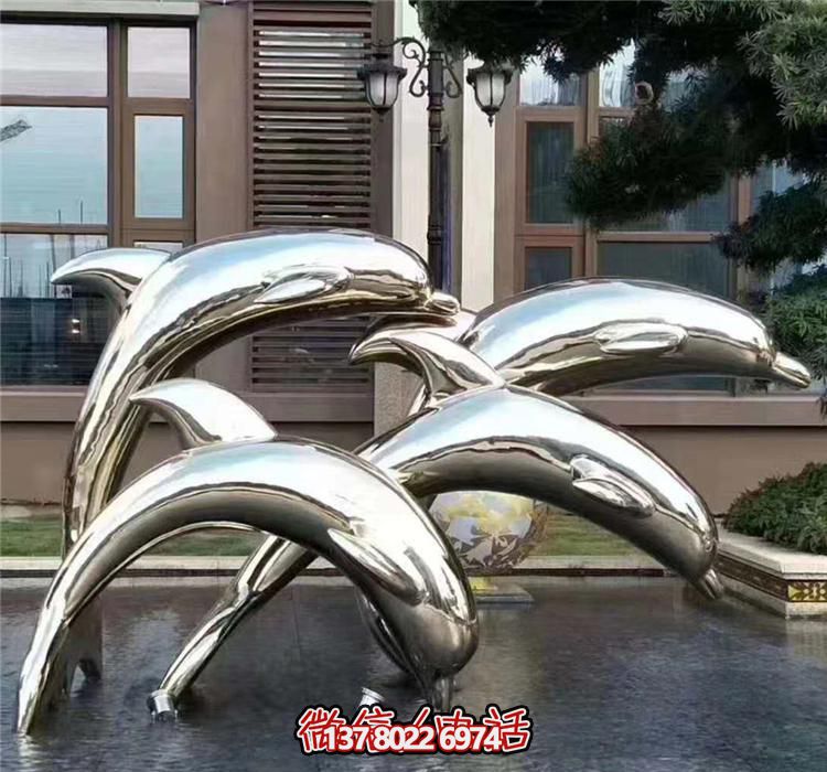 四只水上跳跃的不锈钢抽象海豚雕塑 四只水上跳跃的不锈钢抽象海豚雕塑