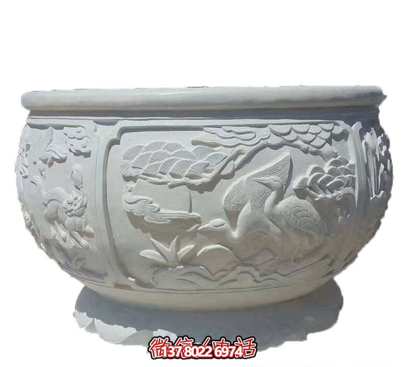 汉白玉松鹤延年浮雕庭院缸雕塑