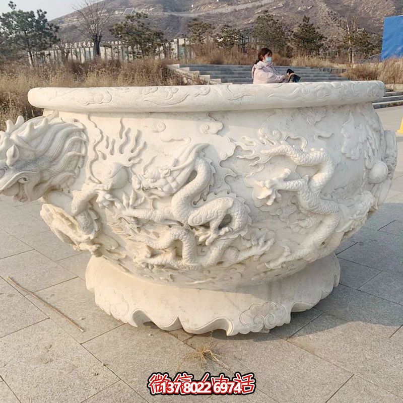 户外庭院汉白玉石雕龙浮雕缸雕塑