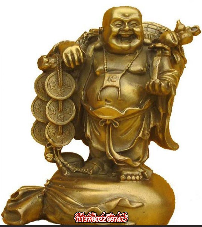 户外喷金烤漆扛着铜钱的弥勒佛雕塑 户外喷金烤漆扛着铜钱的弥勒佛雕塑