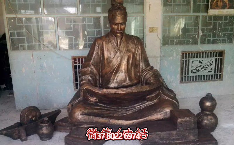 景区玻璃钢仿铜古代人物坐着的读书雕塑