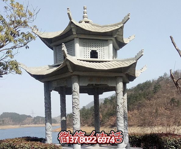 湖边景区摆放仿古建筑二层青石凉亭 湖边景区摆放仿古建筑二层青石凉亭