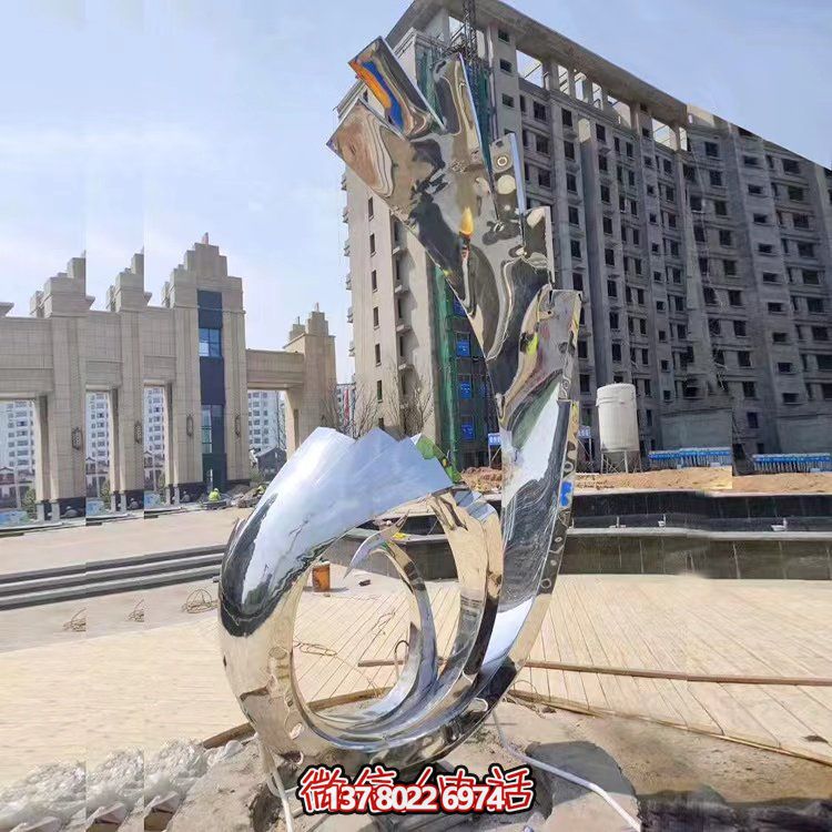 小区广场不锈钢镜面抛光抽象凤凰喷泉水景观雕塑